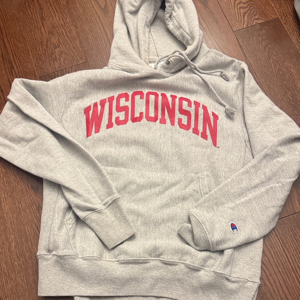 Champion Gray Hoodie with Red Wisconsin Print